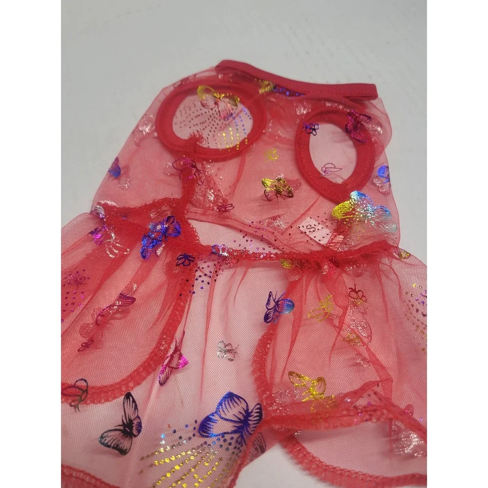 Red Mesh Butterfly Print‎ Pet Dress Small Ruffled Sheer Dog Cat Clothes
